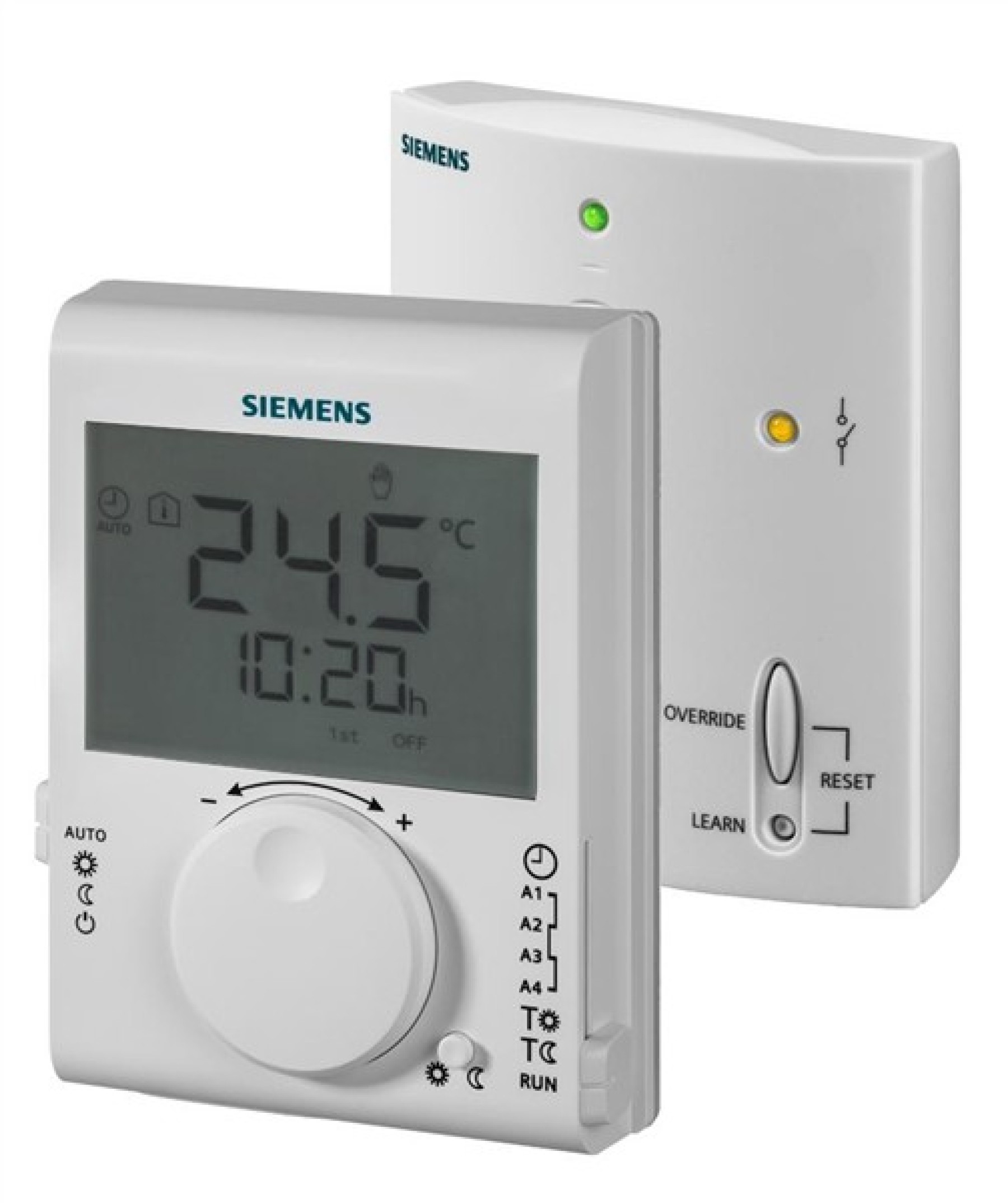 Siemens RDJ100RF/SET Programmable Wireless Room Tpi Thermostat With Large Lcd Large Set Point Knob And Battery Powered (2 X 1.5V Aa Batteries) Complete With Mains Powered Receiver